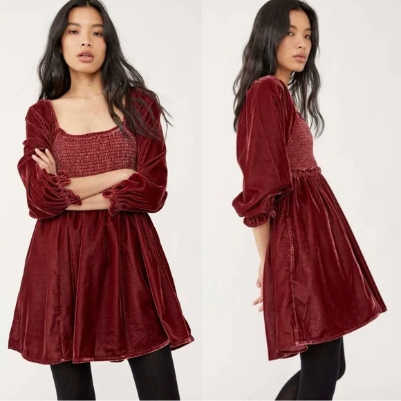 Free People Dainty Renaissance Daphne Velvet Mini Dress Burgundy Brown Medium - Picture 7 of 17